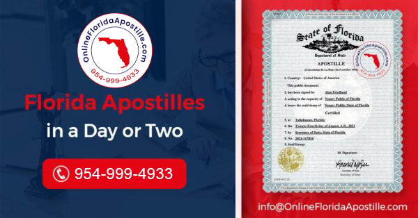 Florida Apostille services advertisement featuring contact information and a sample apostille birth certificate.