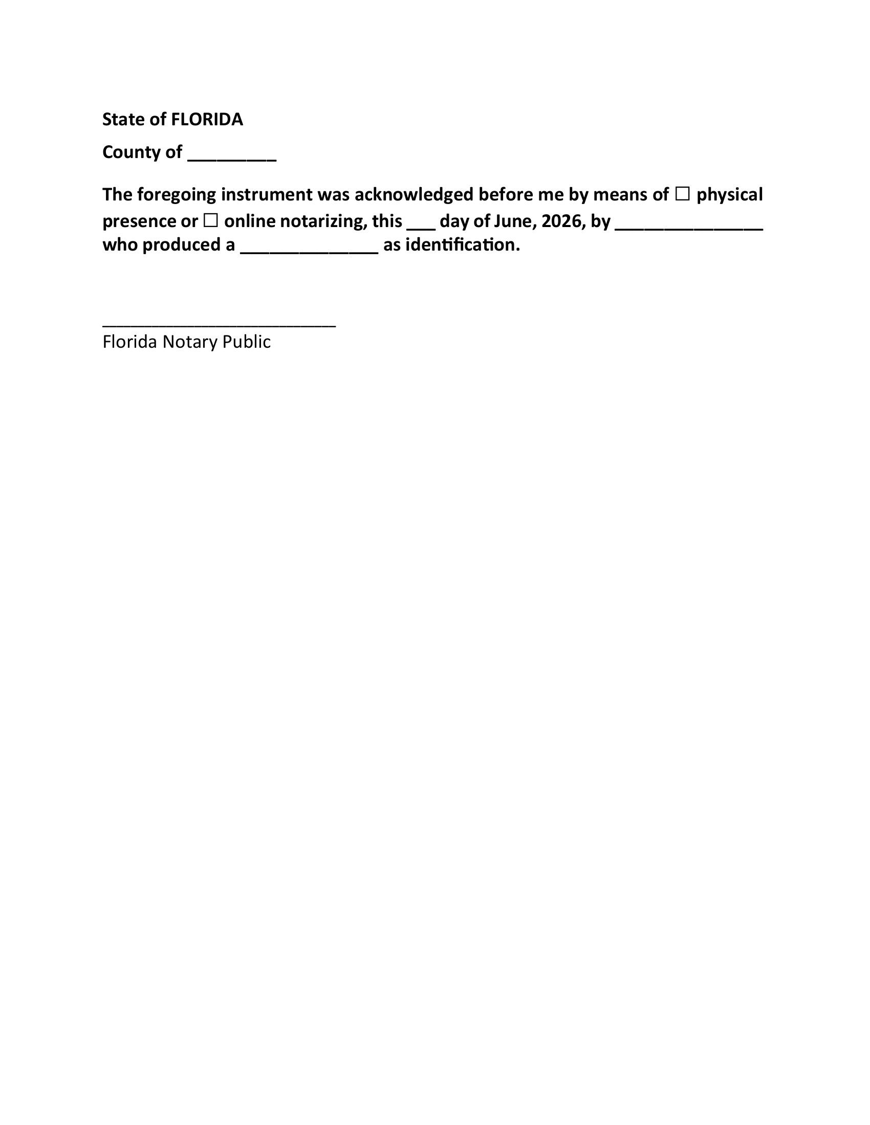 Sample Florida notary acknowledgment statement showing required elements for apostille